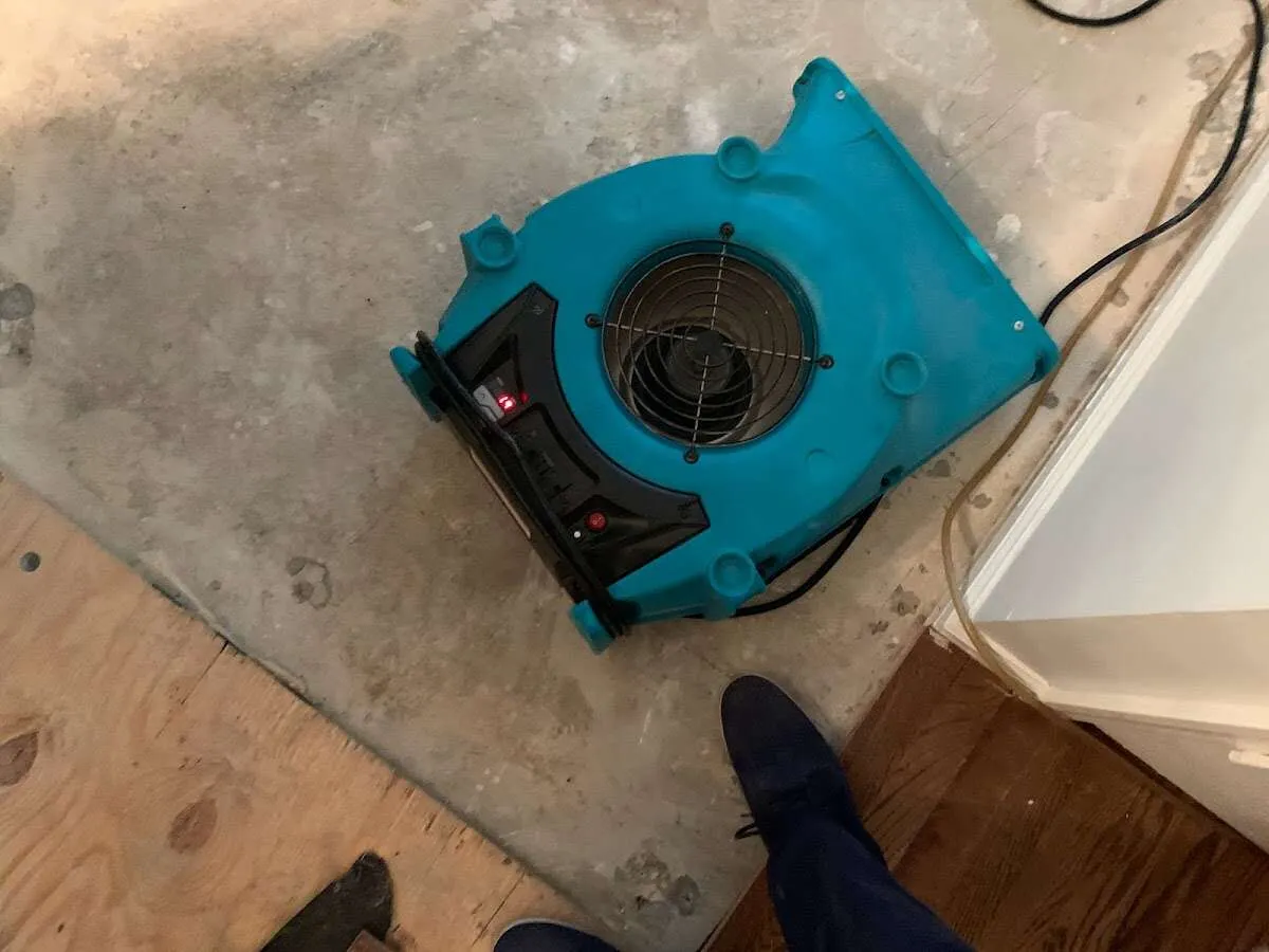 Air mover drying subfloor during Commercial Water Damage Restoration in Hollins